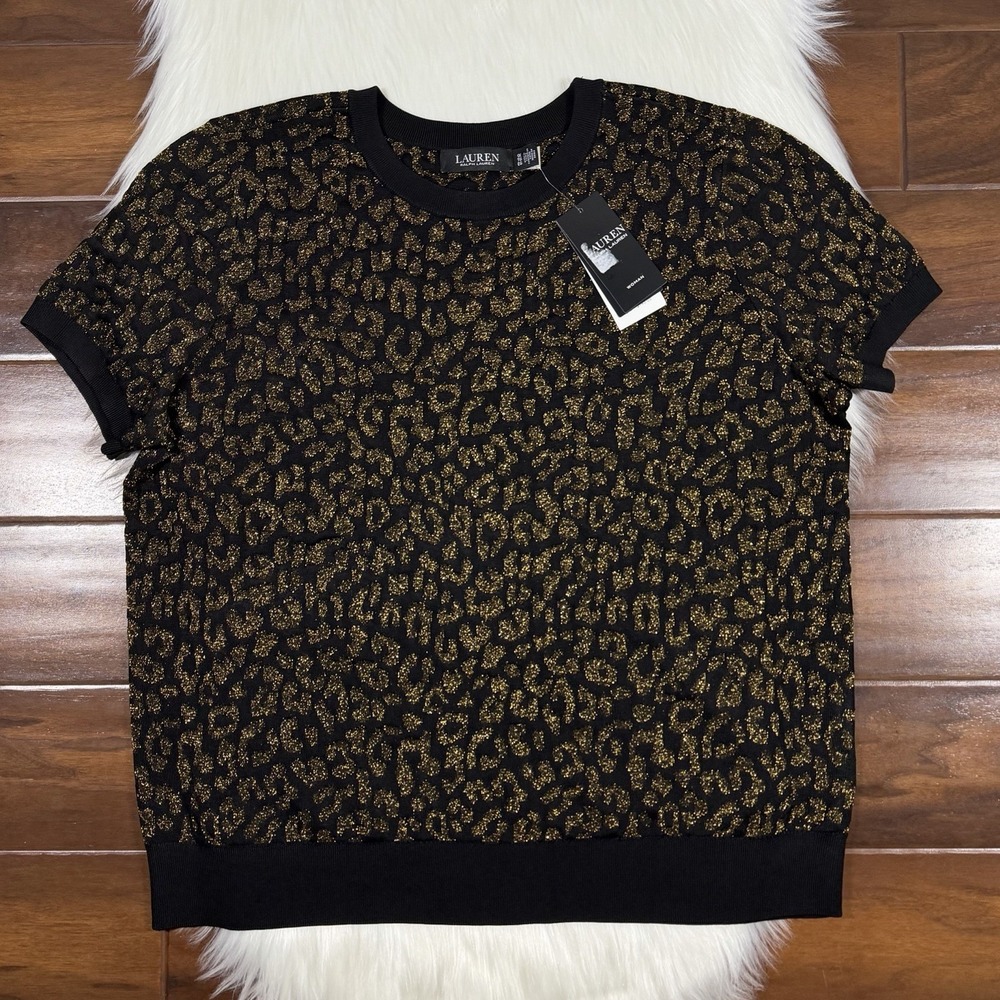 Lauren Ralph Lauren Size 1X Black Gold Leopard Short Sleeve Knit Sweater Top